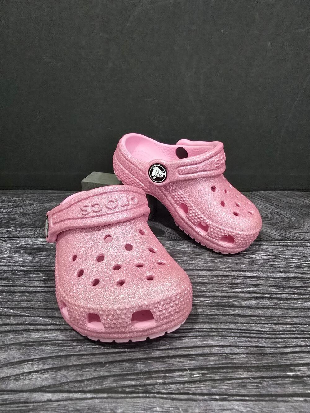Crocs Toddler's Classic Pink Glitter Sparkly Clogs JL3 Size US:C5 UK:C5 EUC